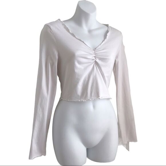 Shein Lettuce Edge Ruched Long Sleeve Baby Tee Crop Top White Large - Picture 7 of 12